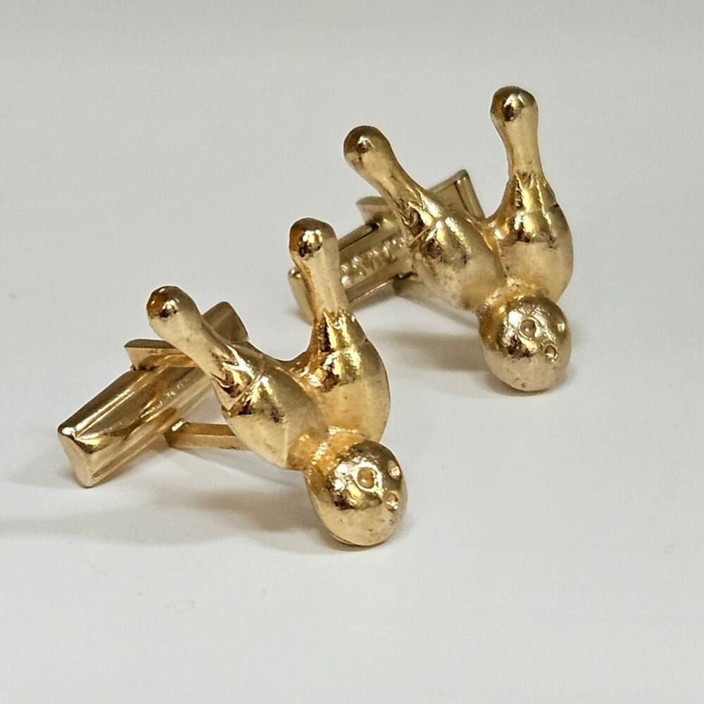 Vintage MCM Bowling Cufflinks | 1950s Gold Tone Bowling Ball & Pins Cuff Links